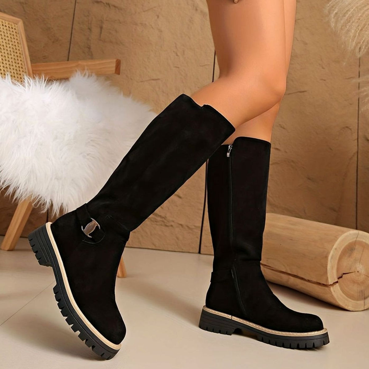 Lug sole knee-high boots in black, beige or coffee for women