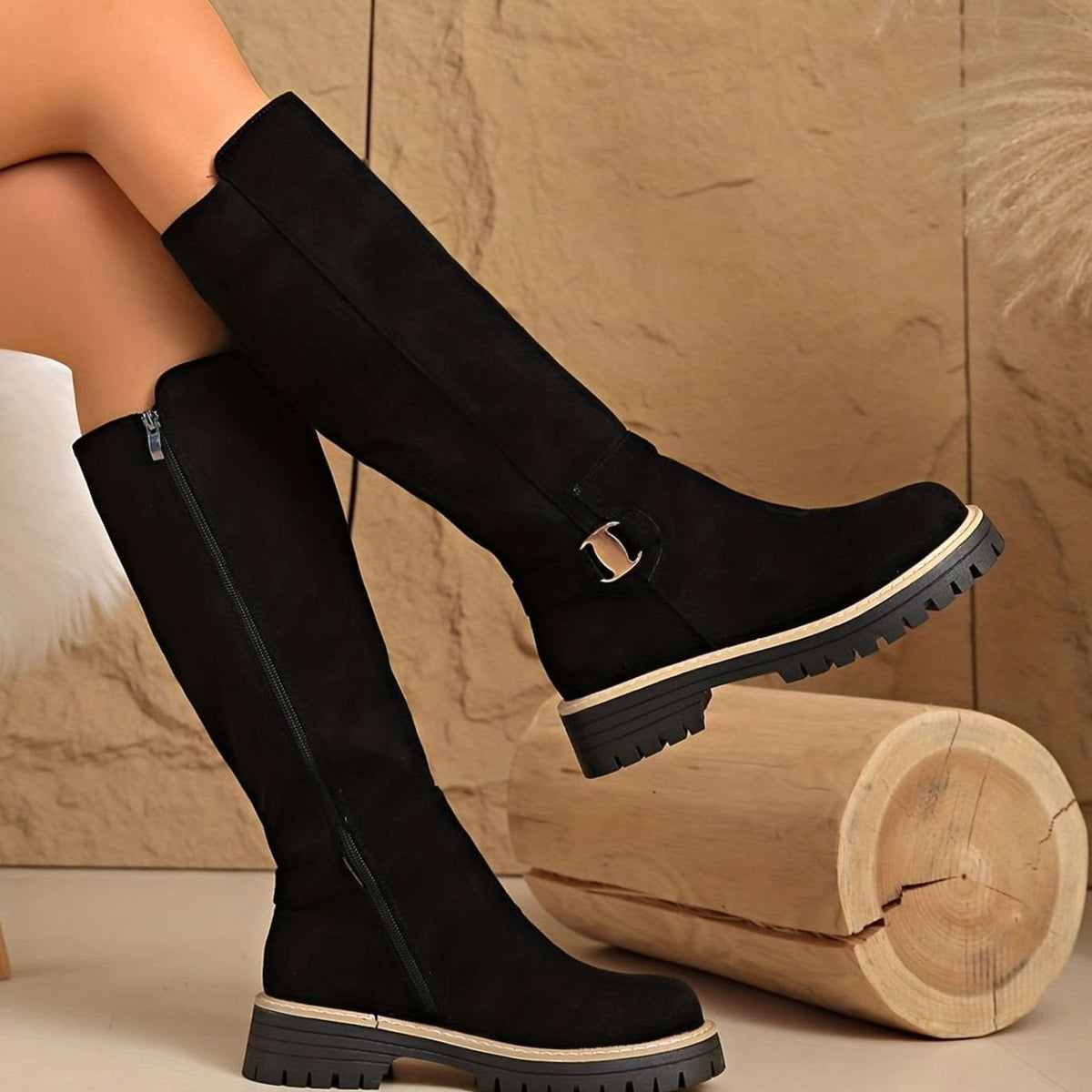 Lug sole knee-high boots in black, beige or coffee for women
