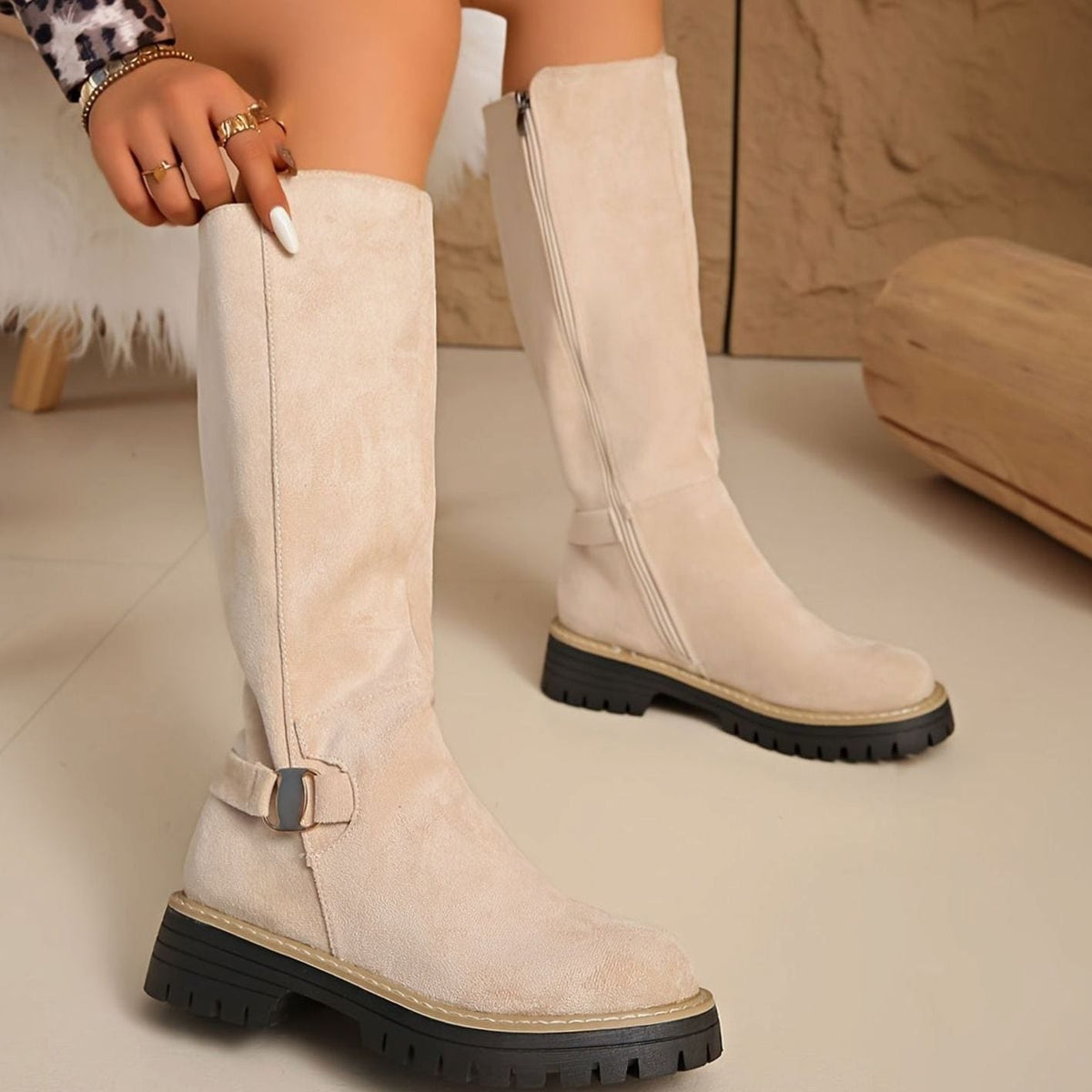 Lug sole knee-high boots in black, beige or coffee for women