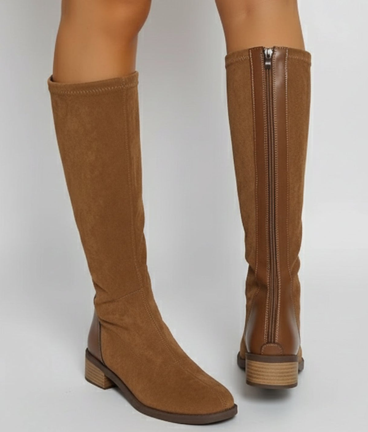Suede-look knee-high boots in light brown for women