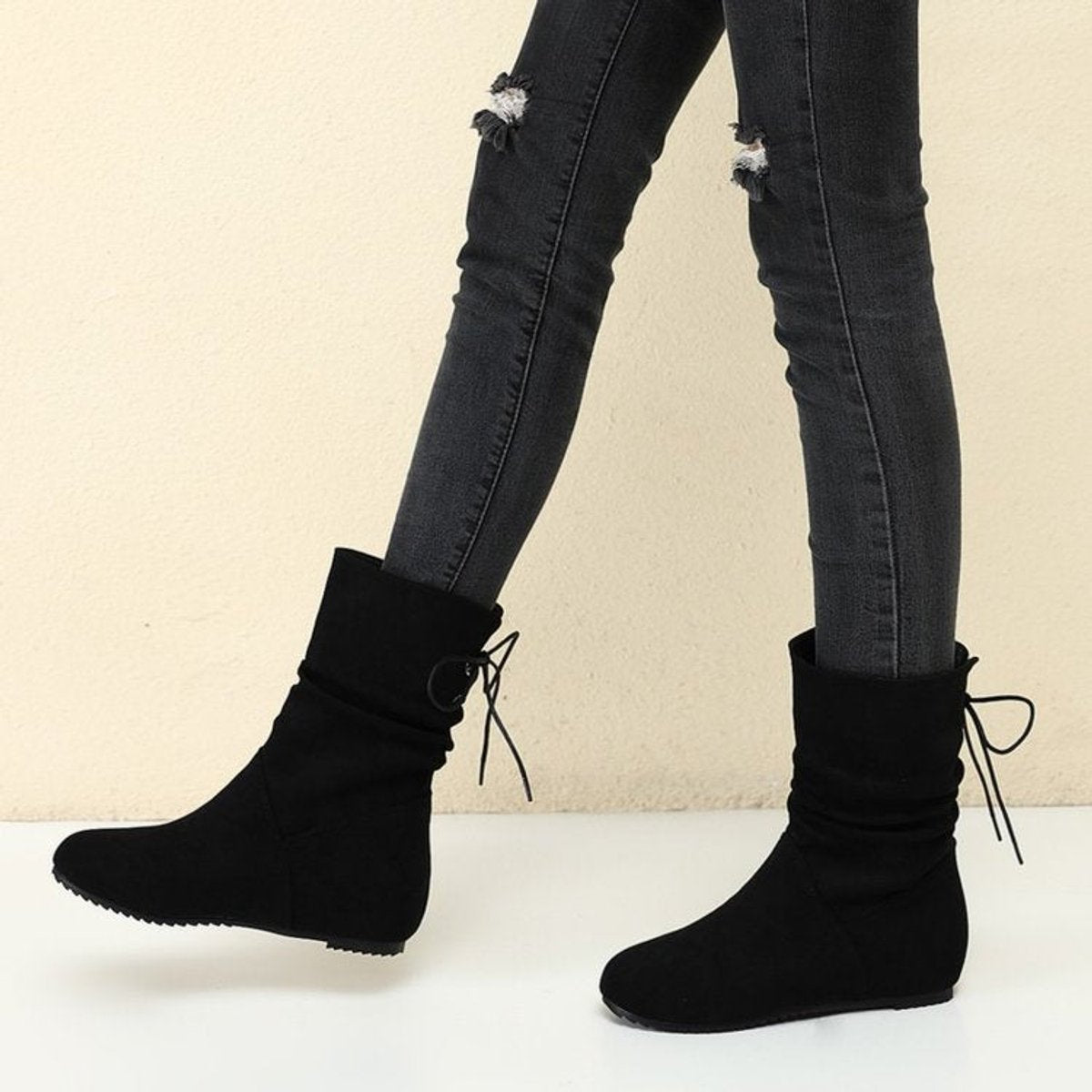 Ruched lace-back flat ankle slouch boots for women