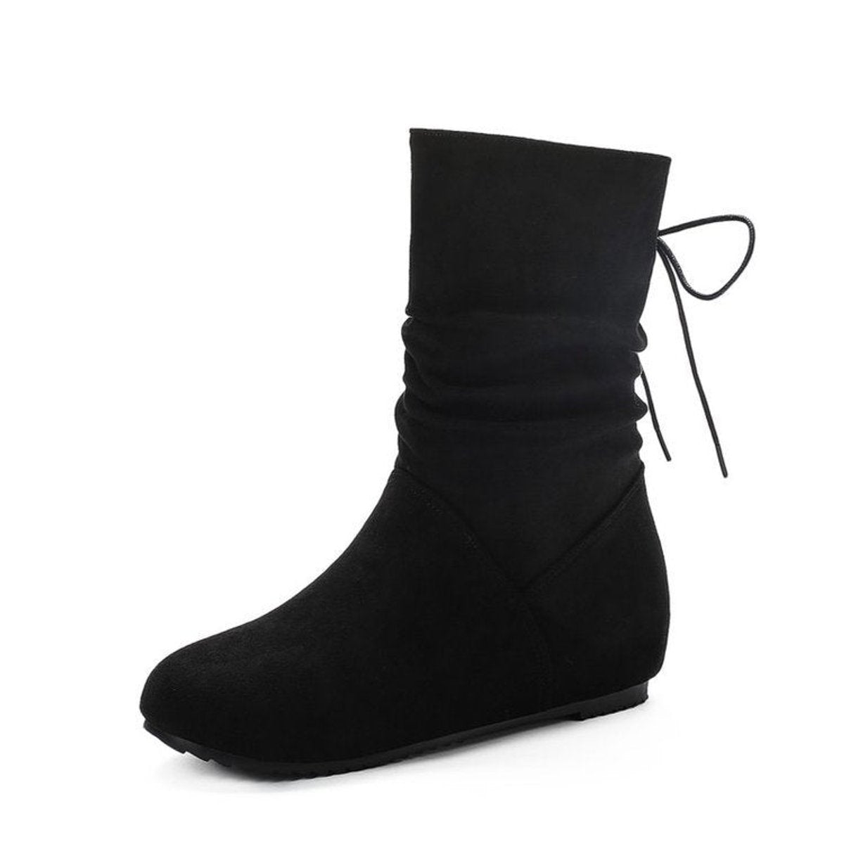 Ruched lace-back flat ankle slouch boots for women