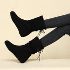 Ruched lace-back flat ankle slouch boots for women
