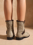 Flat buckle ankle boots in dark brown or ecru for women