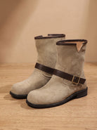 Flat buckle ankle boots in dark brown or ecru for women