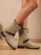 Flat buckle ankle boots in dark brown or ecru for women