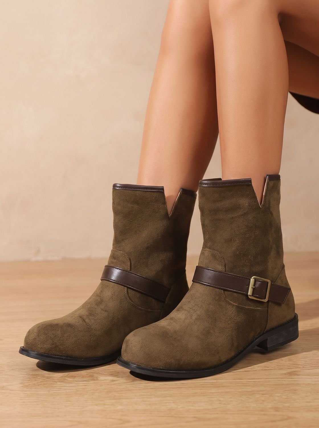 Flat buckle ankle boots in dark brown or ecru for women