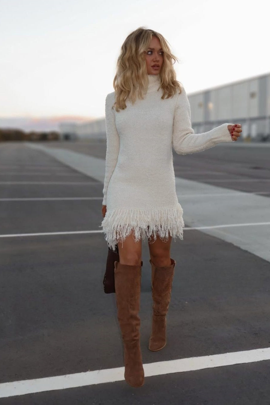 Fringe hem sweater dress for women
