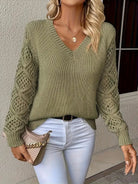 Openwork-sleeve V-neck knitted sweater for women