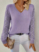 Openwork-sleeve V-neck knitted sweater for women