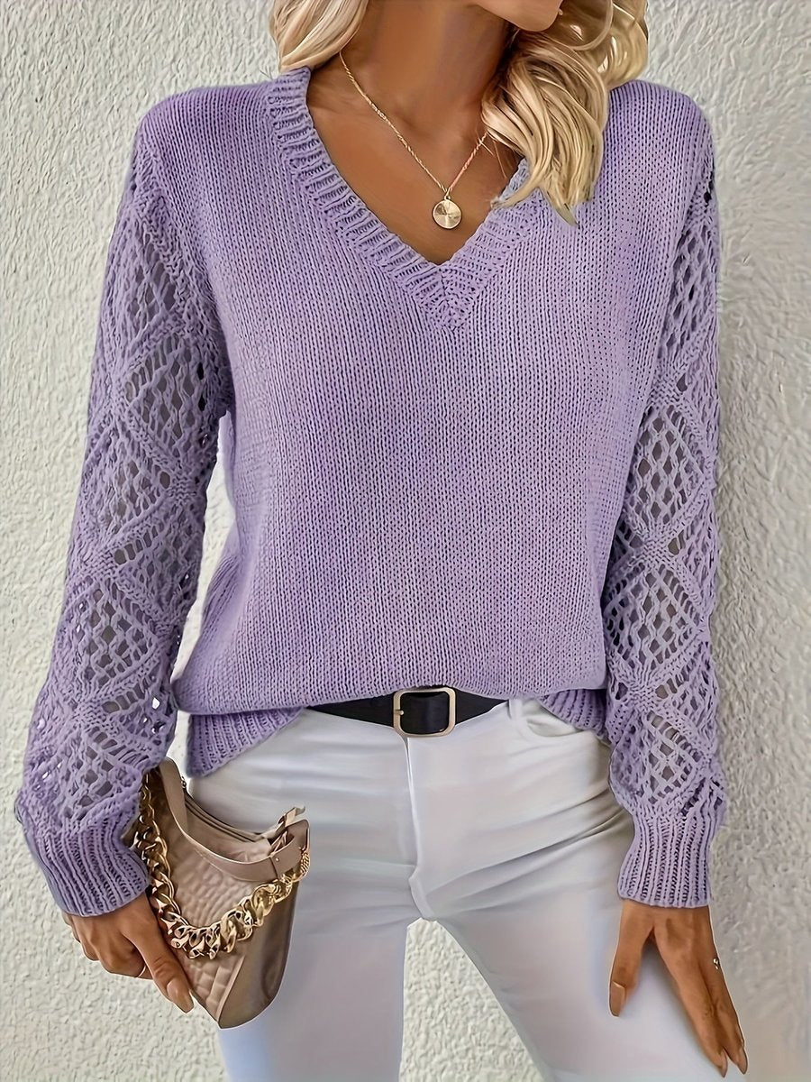 Openwork-sleeve V-neck knitted sweater for women