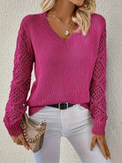 Openwork-sleeve V-neck knitted sweater for women
