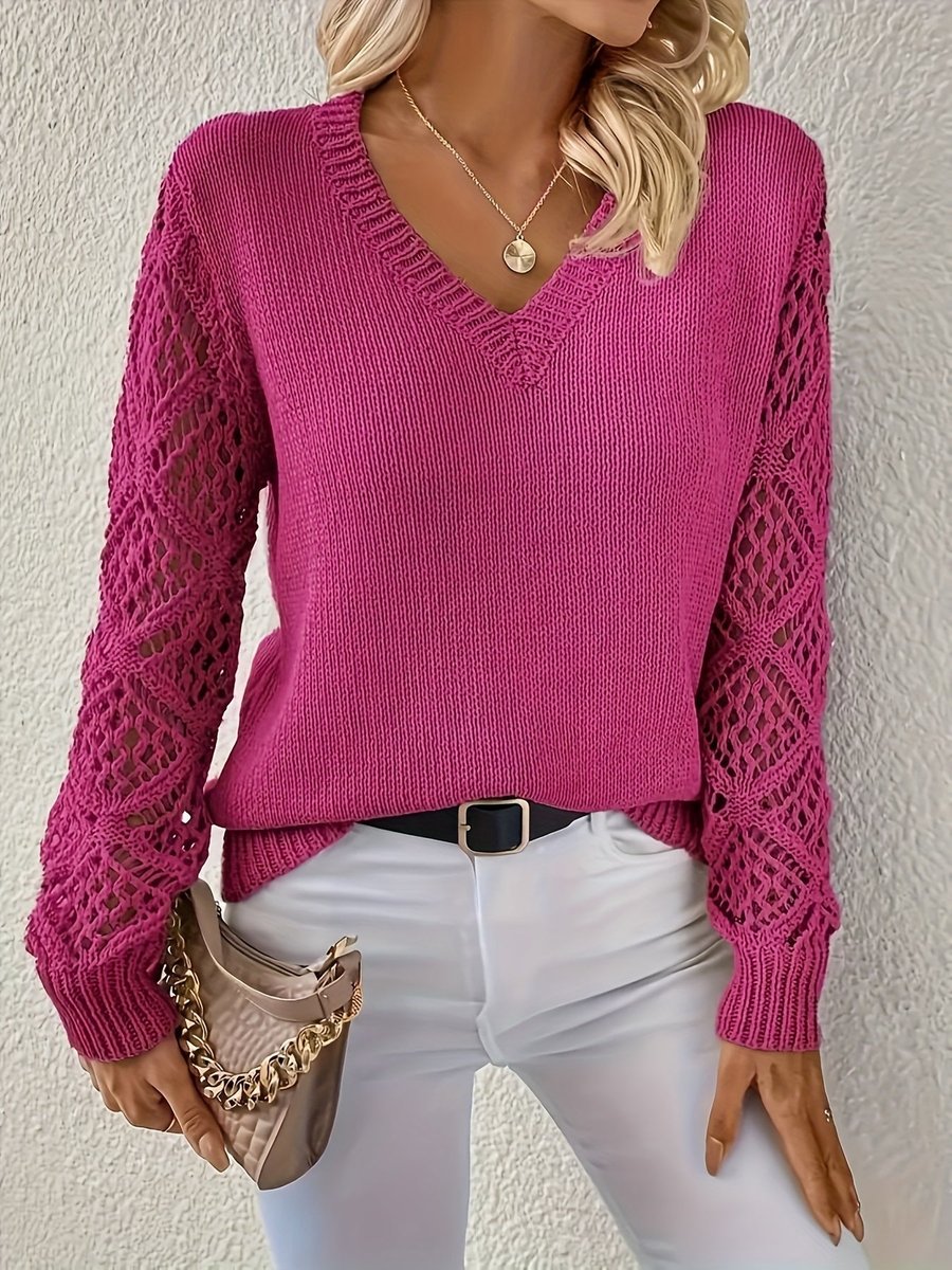 Openwork-sleeve V-neck knitted sweater for women