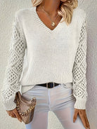 Openwork-sleeve V-neck knitted sweater for women