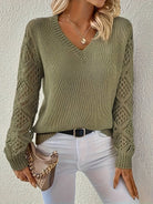 Openwork-sleeve V-neck knitted sweater for women