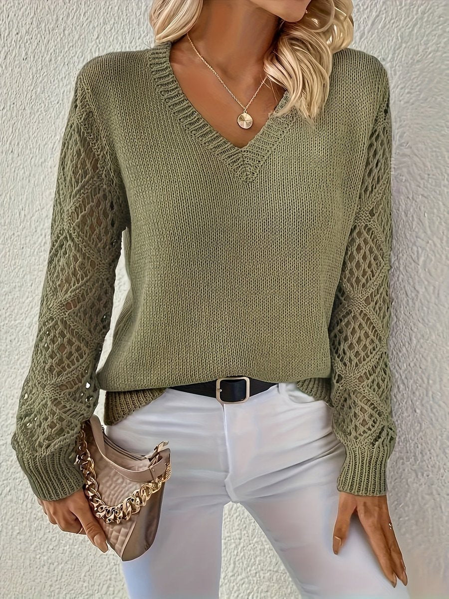 Openwork-sleeve V-neck knitted sweater for women