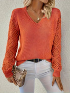 Openwork-sleeve V-neck knitted sweater for women