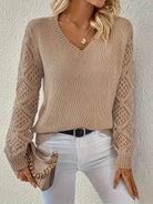 Openwork-sleeve V-neck knitted sweater for women