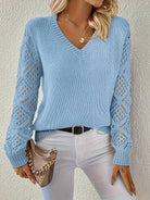 Openwork-sleeve V-neck knitted sweater for women