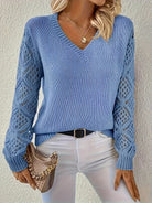 Openwork-sleeve V-neck knitted sweater for women