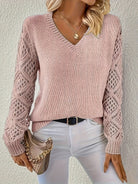 Openwork-sleeve V-neck knitted sweater for women