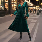 Ink green velvet midi dress with twist front for women