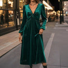 Ink green velvet midi dress with twist front for women
