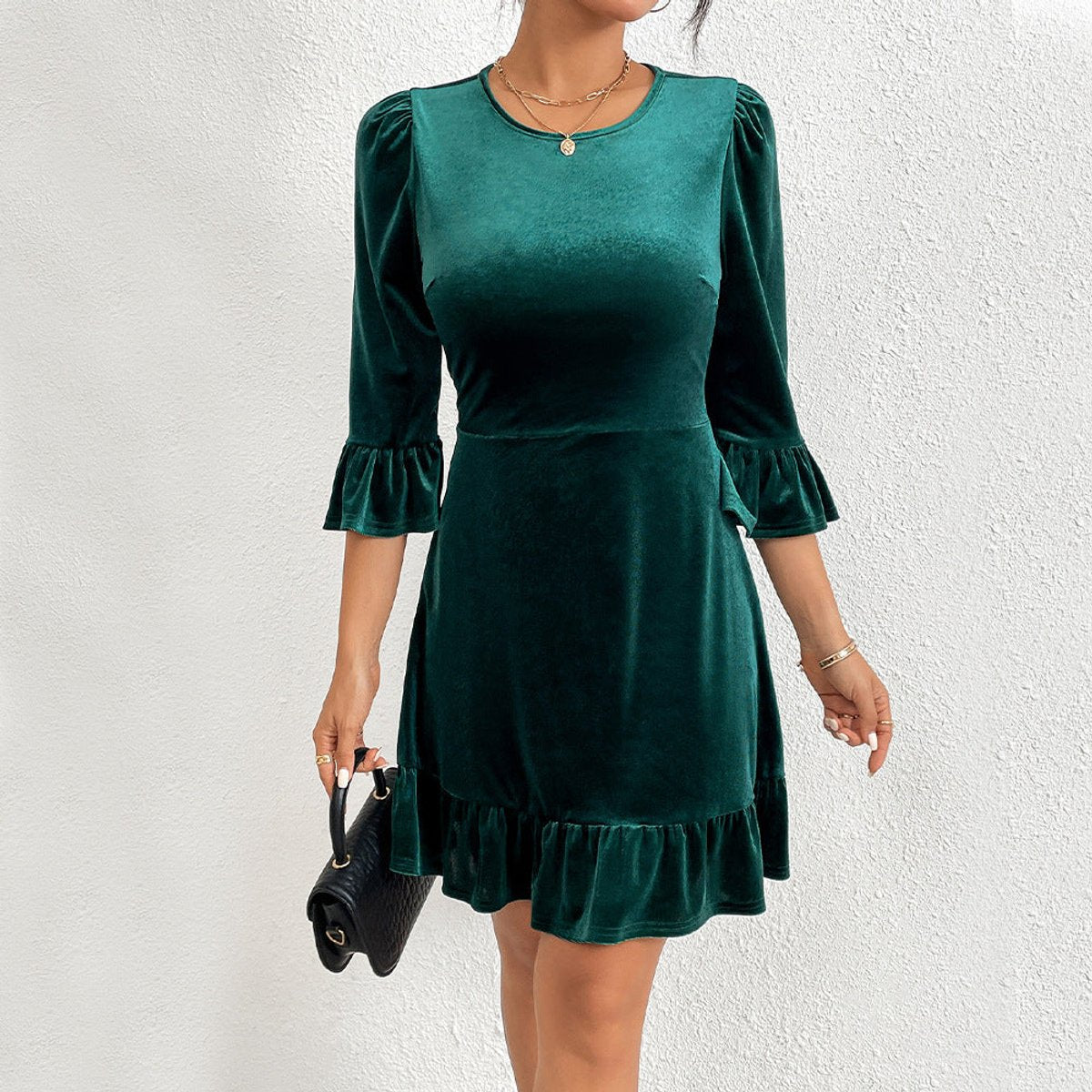 Velvet mini dress with ruffle hem for women