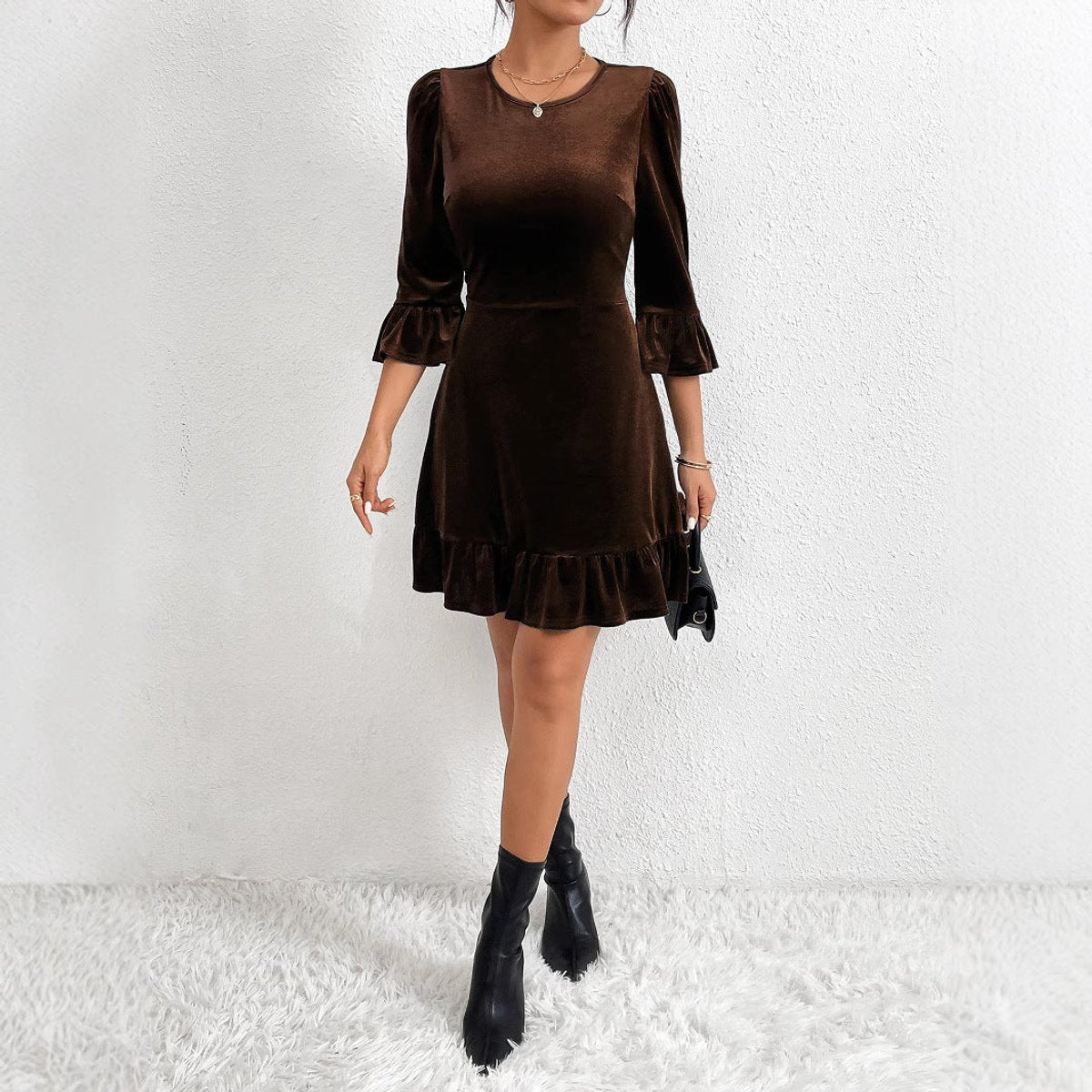 Velvet mini dress with ruffle hem for women