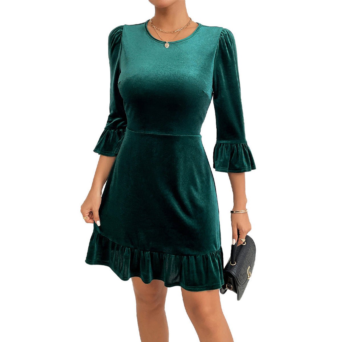 Velvet mini dress with ruffle hem for women