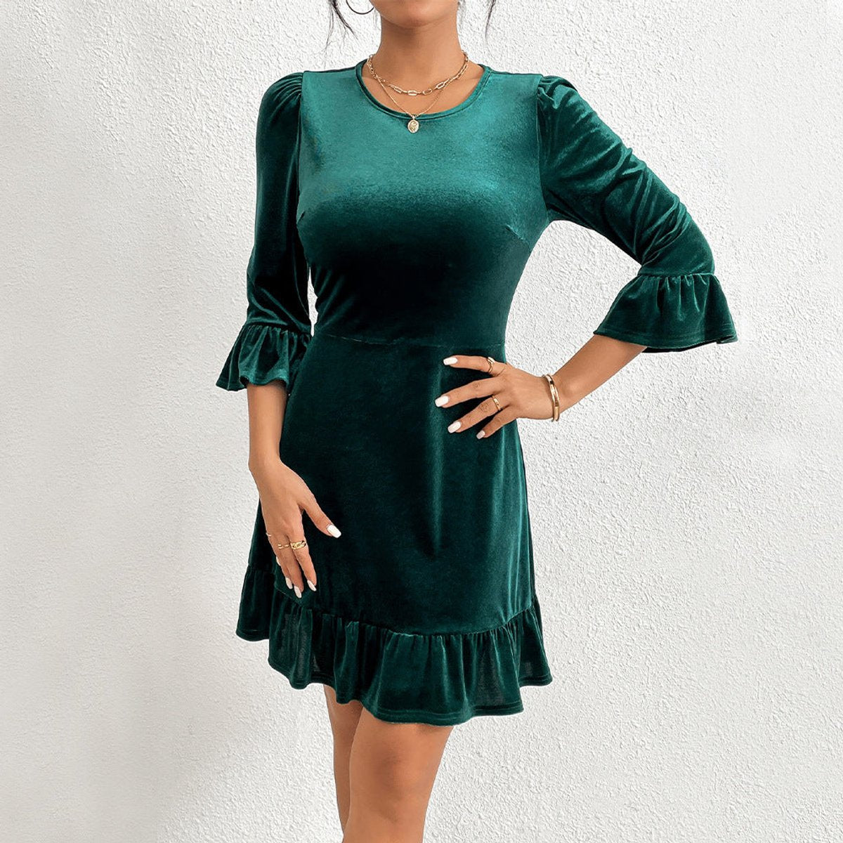 Velvet mini dress with ruffle hem for women