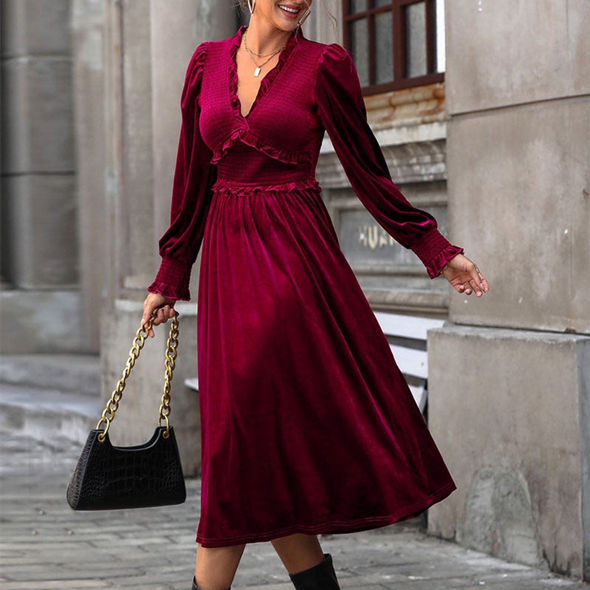 Burgundy velvet midi dress with ruffle V-neck for women
