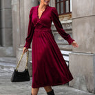 Burgundy velvet midi dress with ruffle V-neck for women