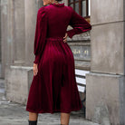 Burgundy velvet midi dress with ruffle V-neck for women