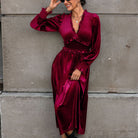 Burgundy velvet midi dress with ruffle V-neck for women