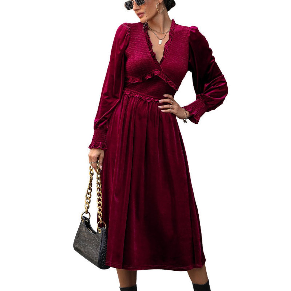 Burgundy velvet midi dress with ruffle V-neck for women
