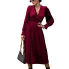 Burgundy velvet midi dress with ruffle V-neck for women