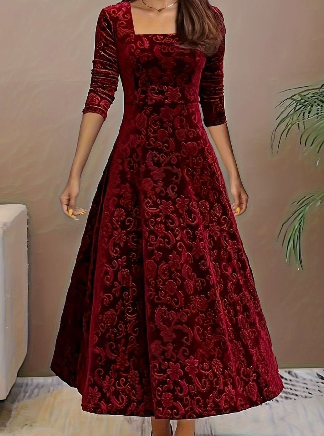Floral-embossed velvet dress with square neck for women