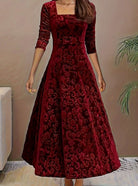 Floral-embossed velvet dress with square neck for women