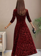 Floral-embossed velvet dress with square neck for women