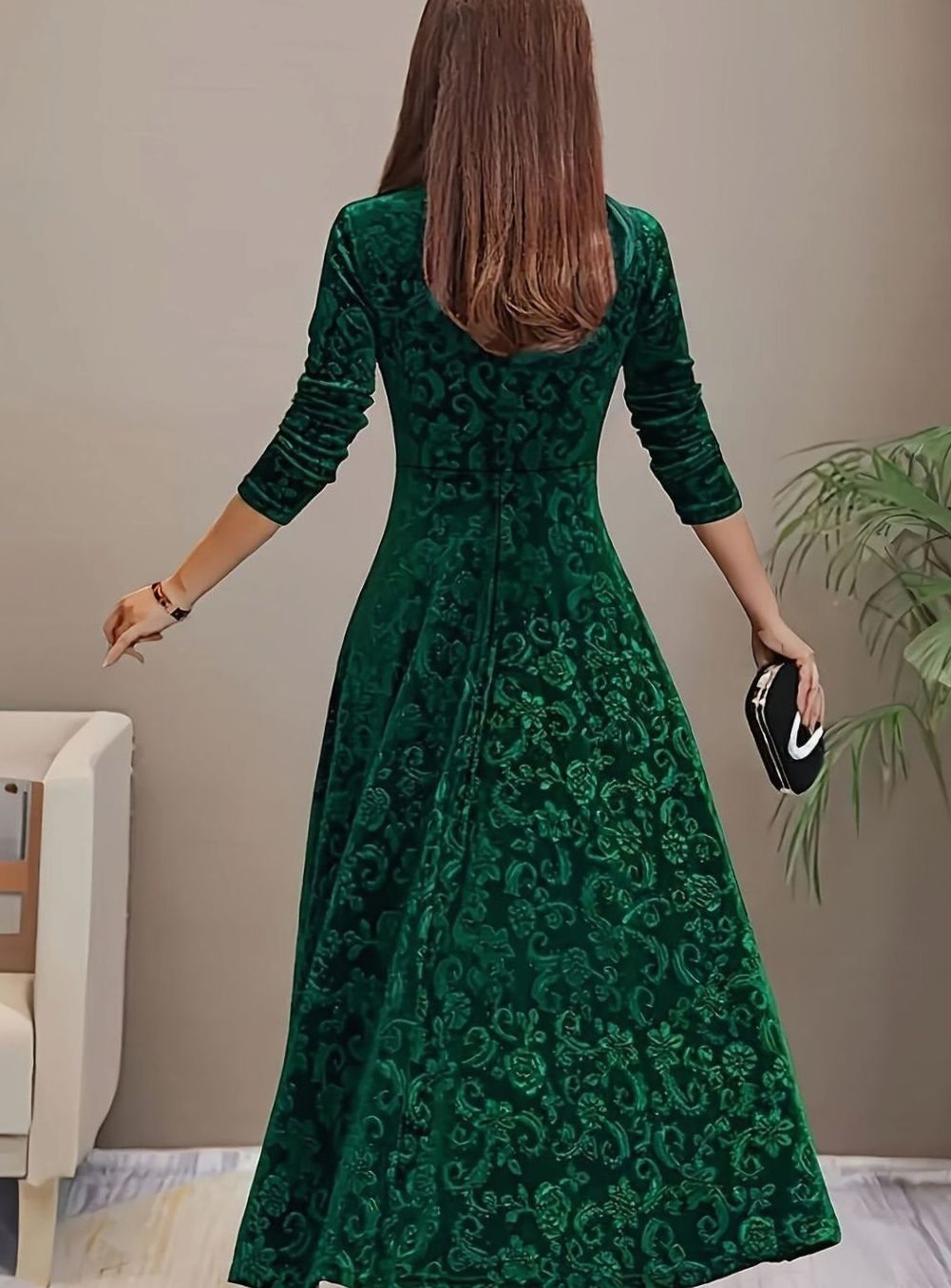 Floral-embossed velvet dress with square neck for women