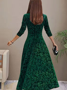 Floral-embossed velvet dress with square neck for women