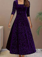Floral-embossed velvet dress with square neck for women