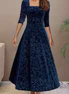 Floral-embossed velvet dress with square neck for women