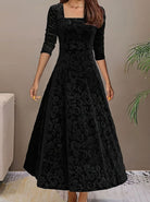 Floral-embossed velvet dress with square neck for women