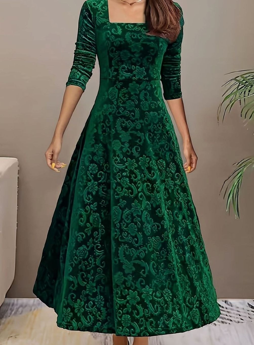 Floral-embossed velvet dress with square neck for women