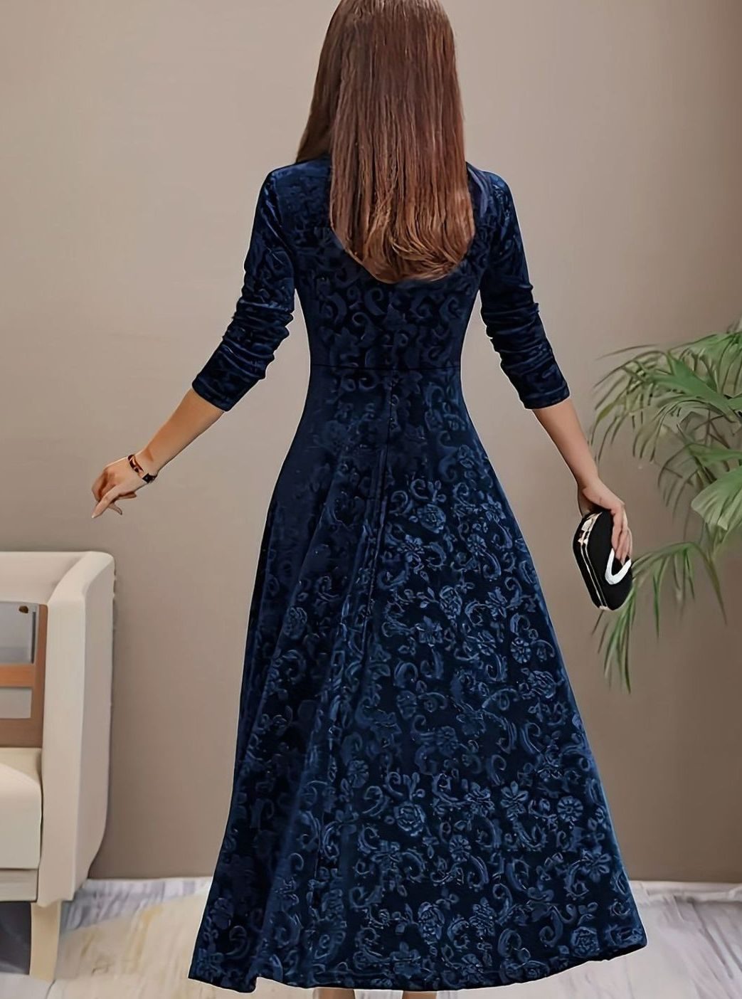 Floral-embossed velvet dress with square neck for women
