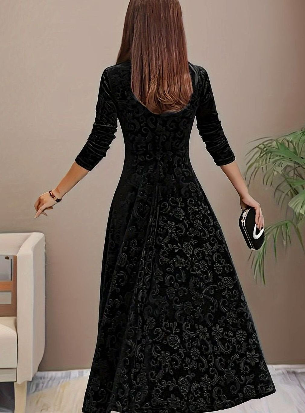 Floral-embossed velvet dress with square neck for women