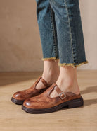 Wingtip buckle T-strap flats for women