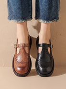 Wingtip buckle T-strap flats for women